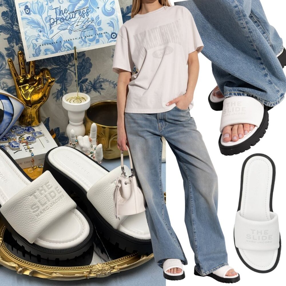 🆕 MARC JACOBS 🧿 NWOB The Lug Sole Slide Sandal, White Leather - Sz 38 US 8